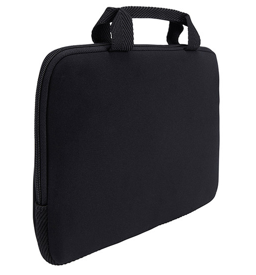 Zwarte laptoptas met een handvat en een rits.
