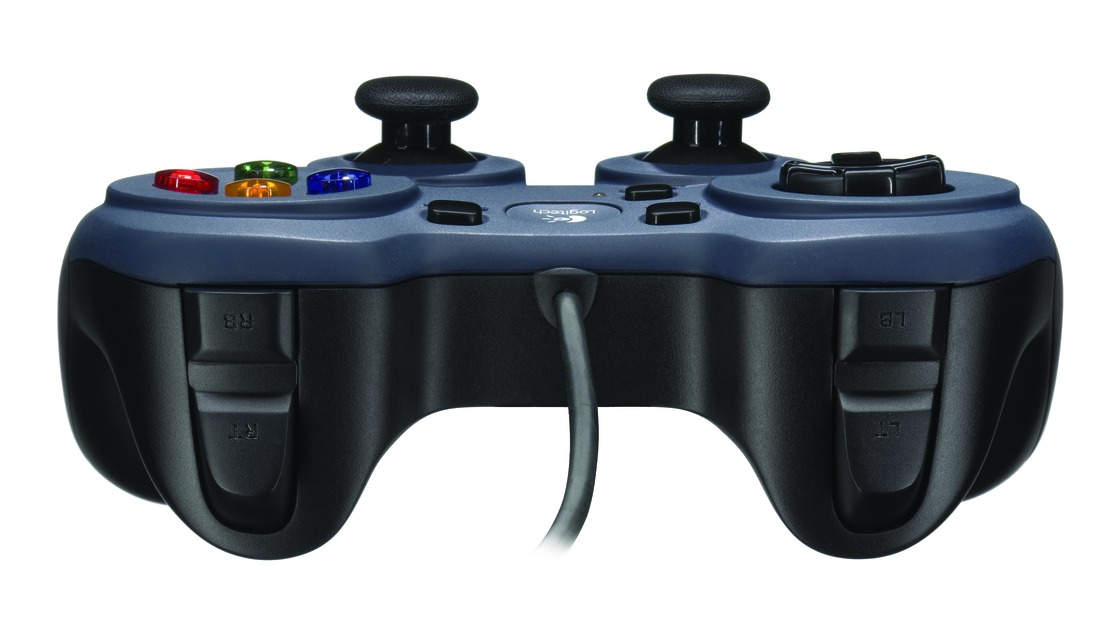 A dark blue Logitech gamepad, with buttons and control sticks visible.