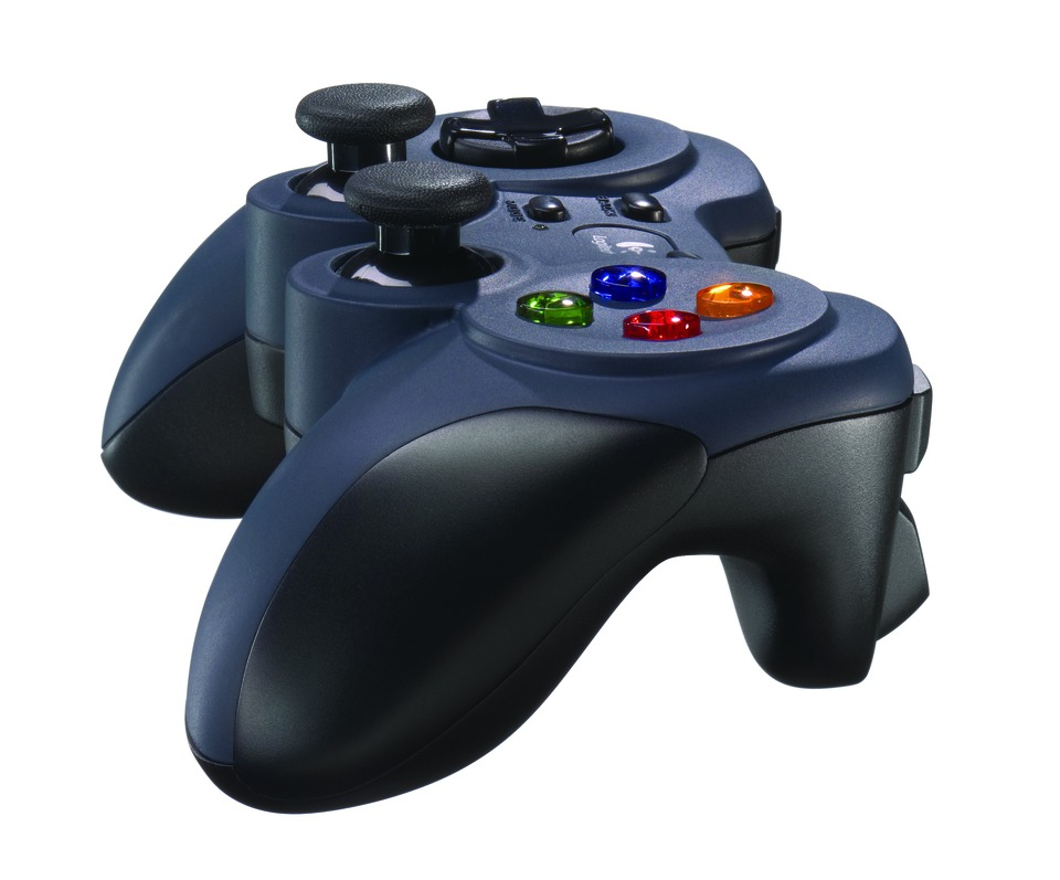 A dark blue gamepad controller with colored buttons and two joysticks.