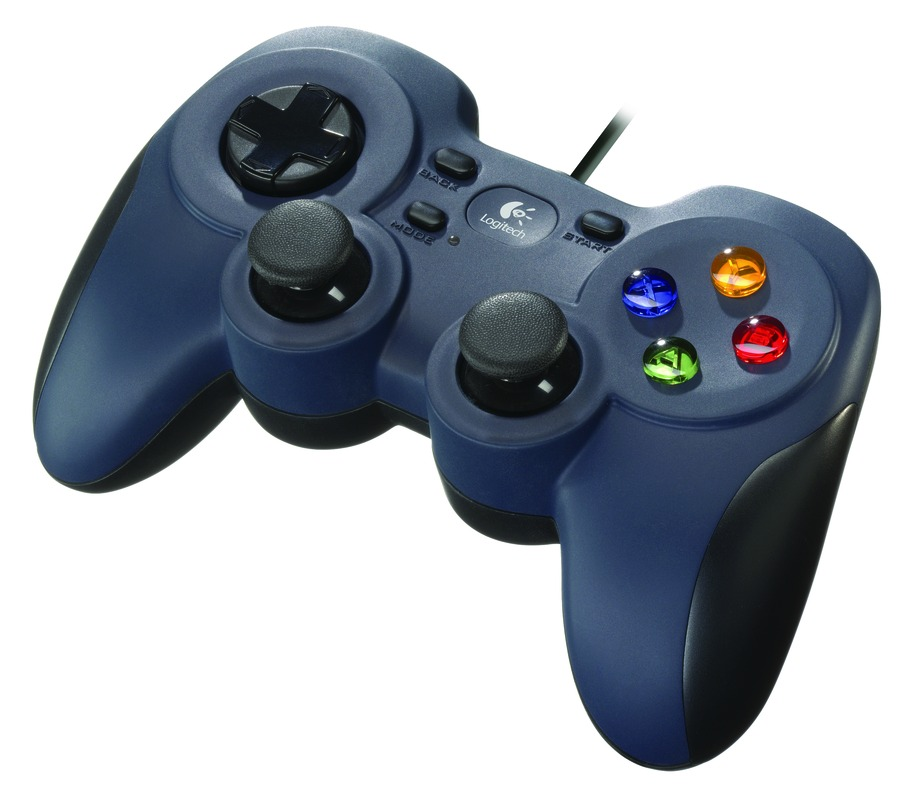 Blue Logitech game controller with buttons and joysticks.