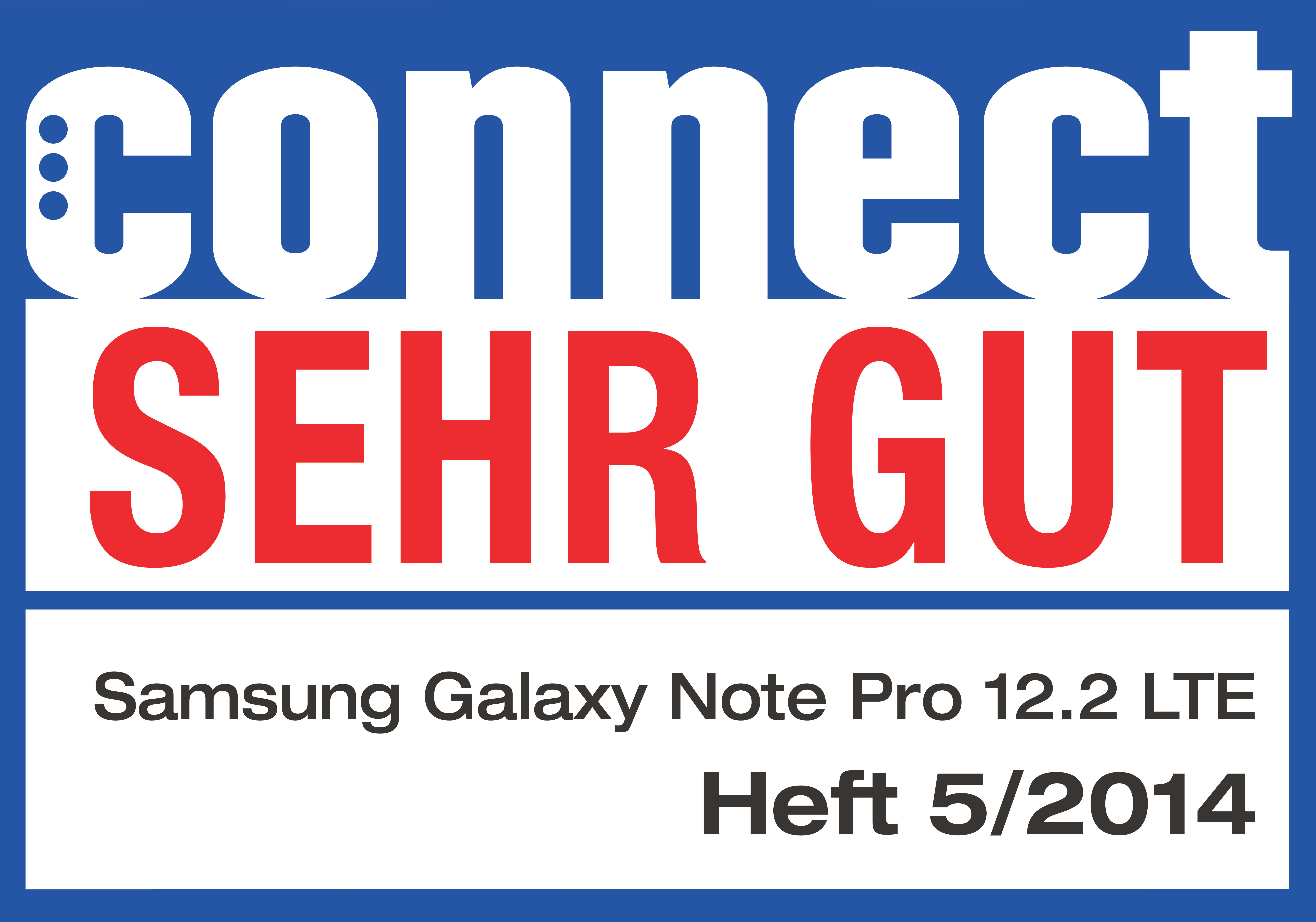 Blauer Banner 'connect' mit 'SEHR GUT' in Rot. 'Samsung Galaxy Note Pro' und 'Heft 5/2014'.