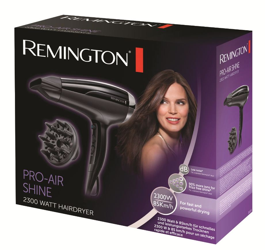 Hairdryer box. Hairdryer and woman with long hair. Black and grey colors.