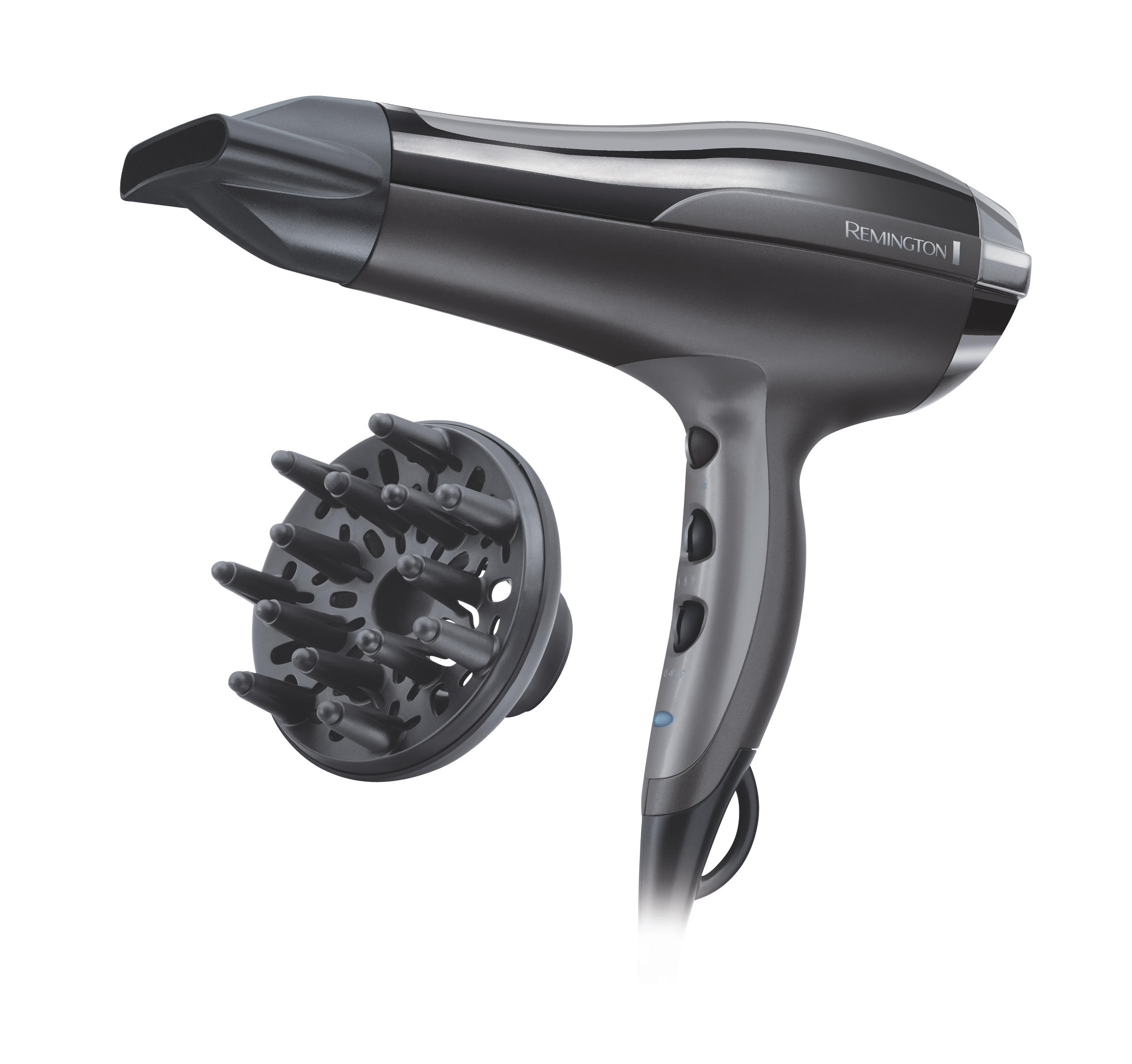 A black hair dryer with a diffuser attachment. Brand name is Remington.