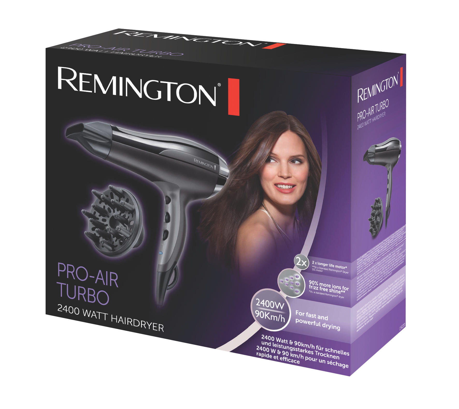 Hairdryer box with a woman smiling. Black hairdryer and attachments on the box. Blue background.