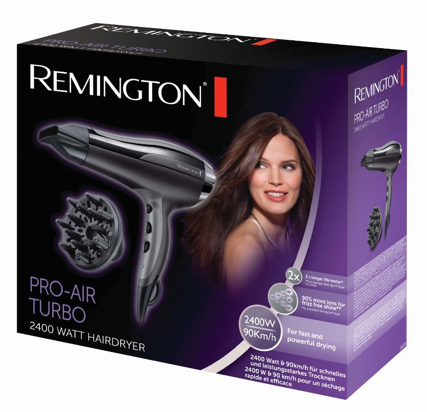 Hairdryer in a box. Woman's face and hair on the box.
