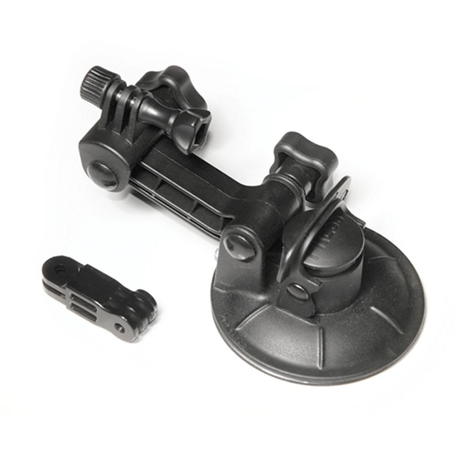Zwarte actiecamera houder met zuignap en twee accessoirehouders. Witte achtergrond.