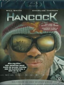 Filmposter: Will Smith met zonnebril. Titel 'Hancock'. Stad weerspiegeld in bril, tekst eronder. Blu-ray Disc.
