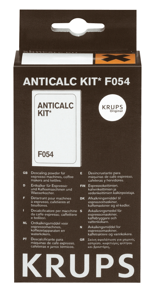 Box mit ANTICALC KIT F054 Entkalkungspulver, mit Text und Krups-Logo, auf weißem Hintergrund.