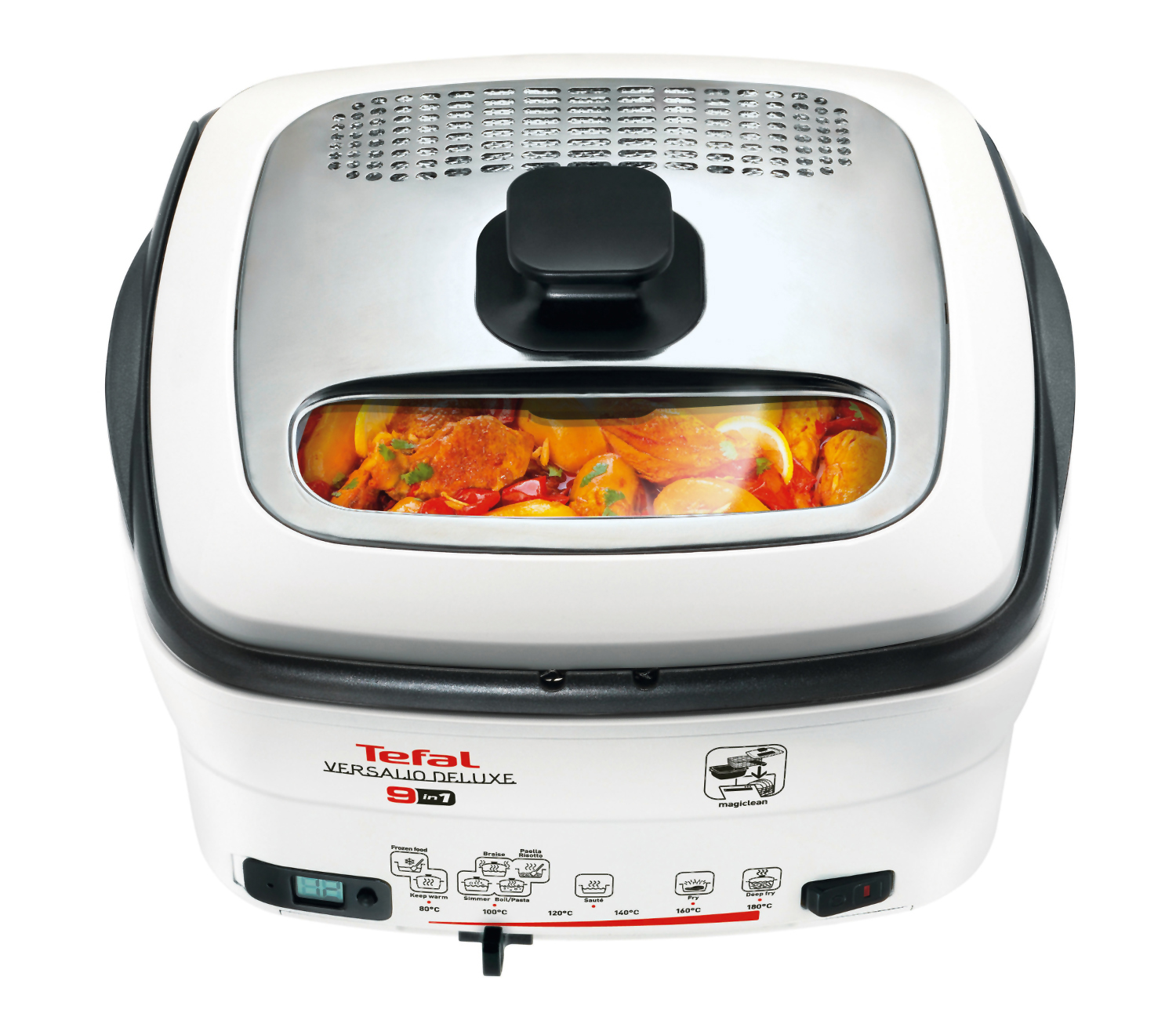 Tefal Versalio Deluxe Multikocher. Weiß mit transparentem Deckel. Essen ist innen sichtbar.