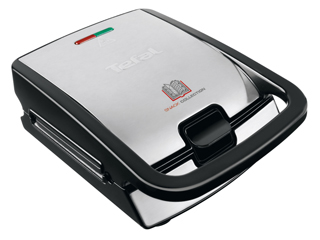 Sandwichmaker. Silber und schwarz. Marke Tefal. Rote und grüne Lichter. Schwarzer Griff.