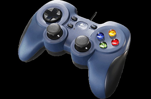 A blue Logitech gamepad, viewed from above, with buttons and control sticks.