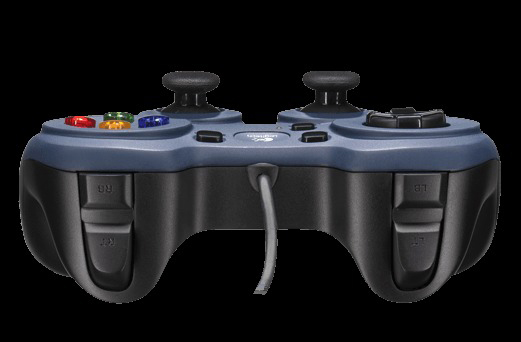 A black and dark blue gamepad with colorful buttons and two analog sticks, with a cable.