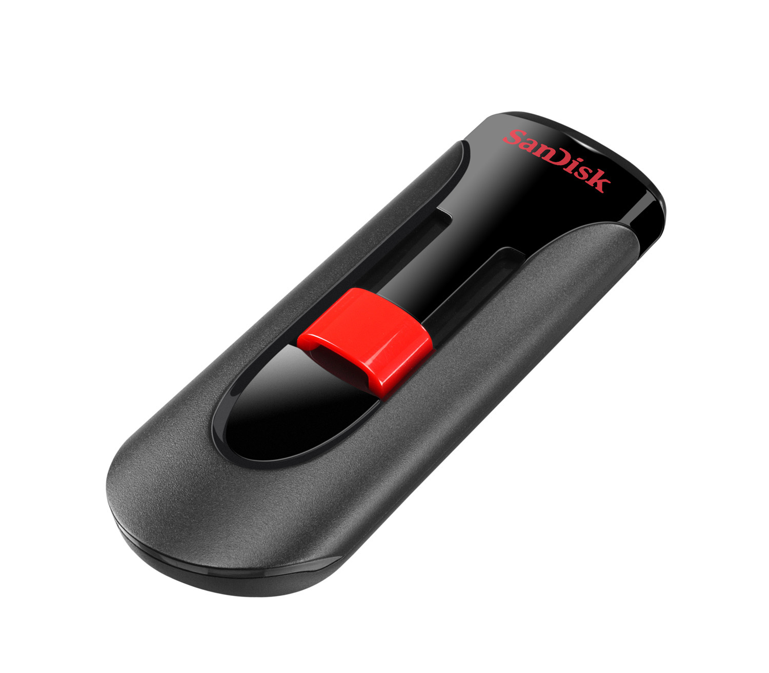 Schwarzer und roter USB-Stick, schräg vor weißem Hintergrund.