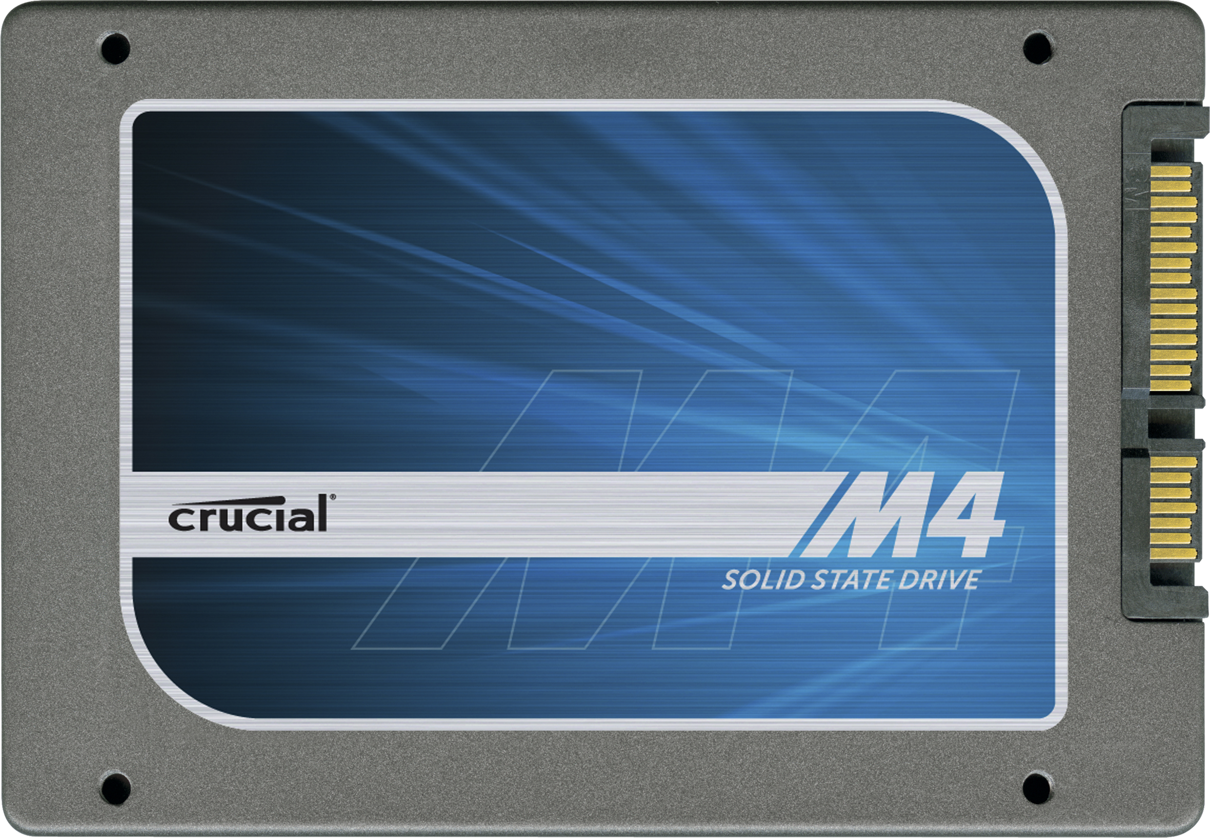 Crucial M4 SSD-Laufwerk. Blaues Etikett mit weißem Text. Silbernes Gehäuse.