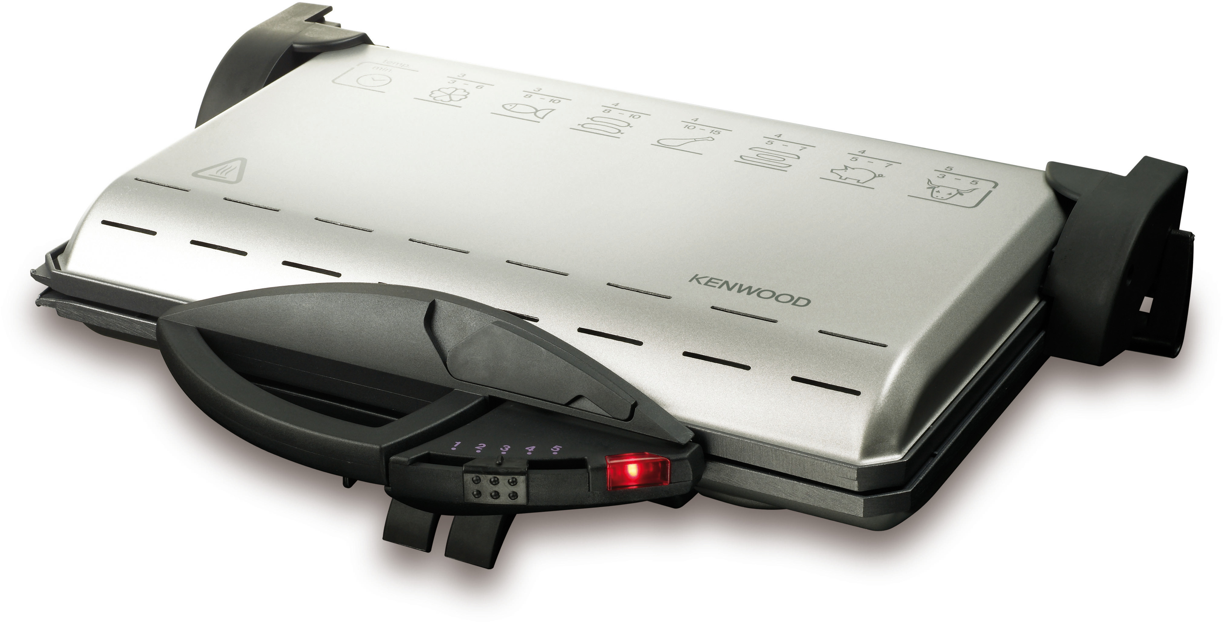 Silber-schwarze Kenwood Panini-Presse mit Symbolen, einem Griff und einem roten Kontrolllicht.