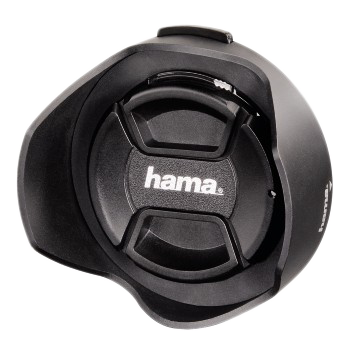 Fekete kamera objektív napellenző és kupak a 'hama' logóval fehér háttér előtt.