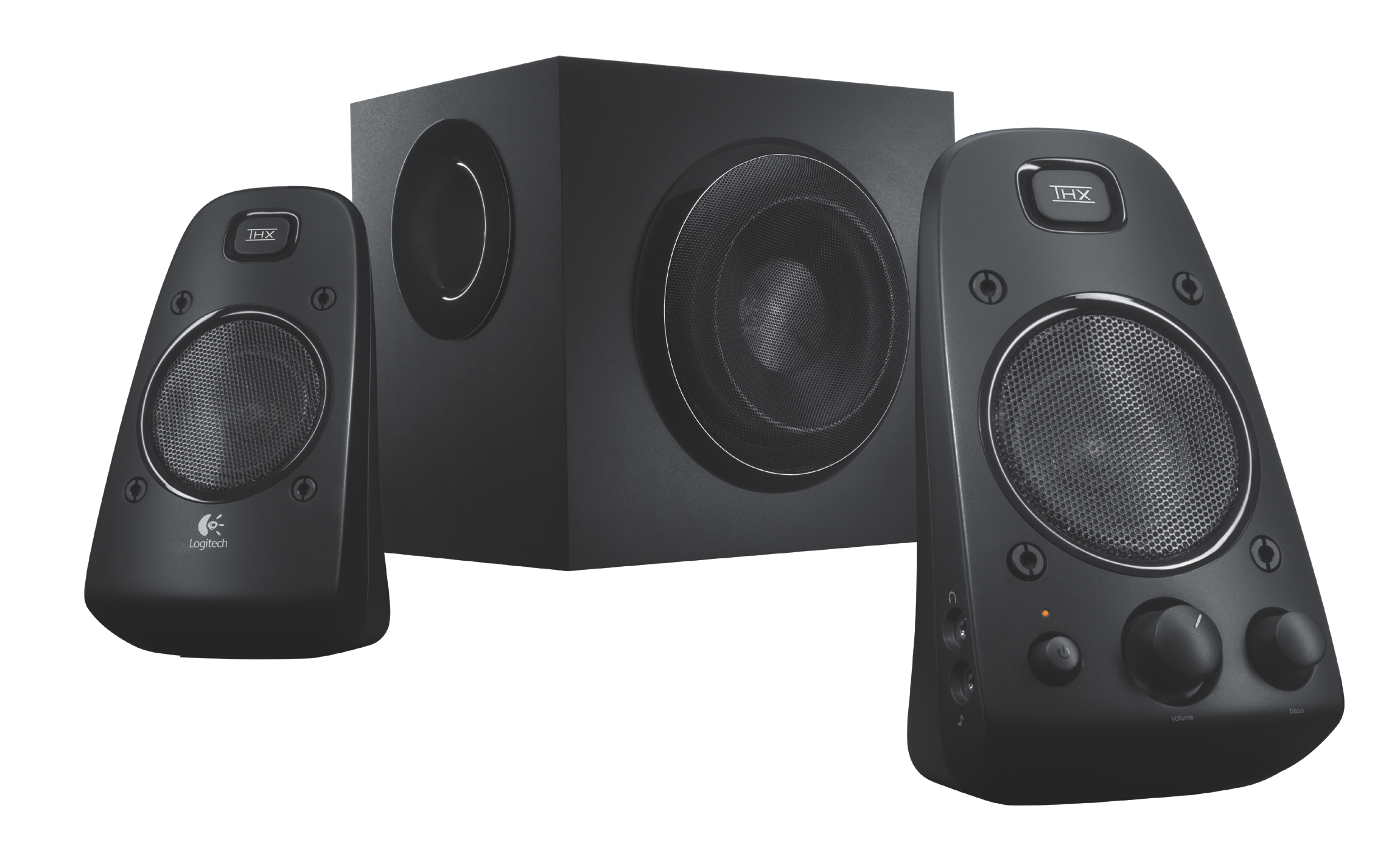 Un ensemble d'enceintes Logitech noires avec un caisson de basses et deux enceintes satellites.