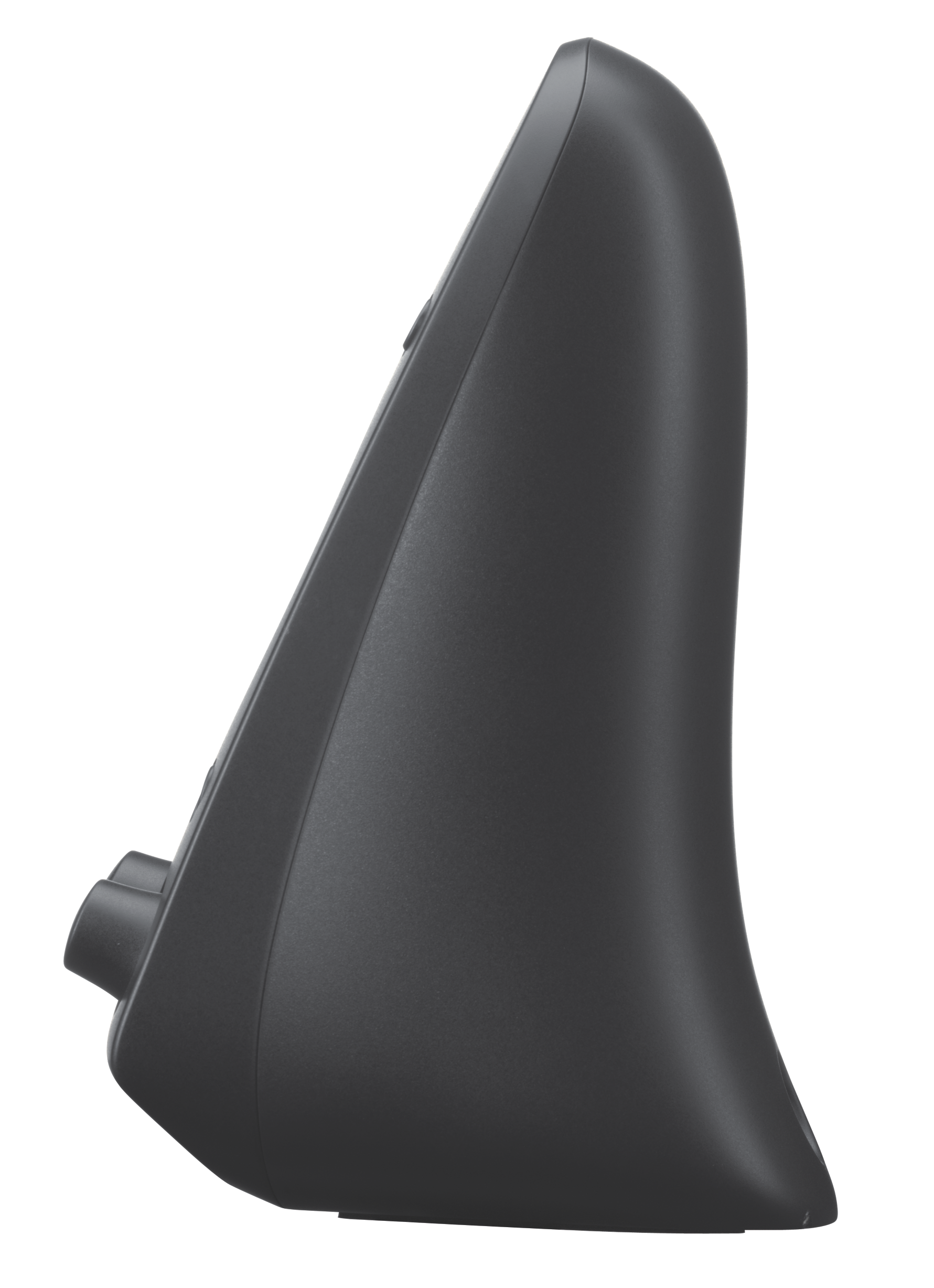Appareil noir, vue latérale, avec une forme incurvée et un petit nombre de boutons.