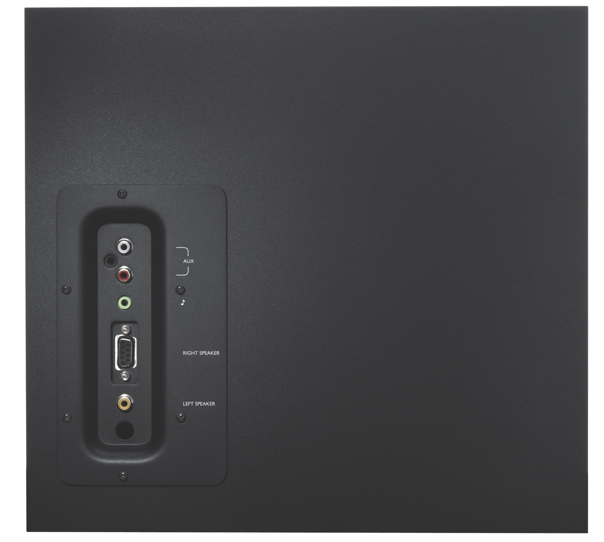 Panneau arrière d'enceinte noir avec ports d'entrée : aux, haut-parleur droit, haut-parleur gauche et un connecteur.