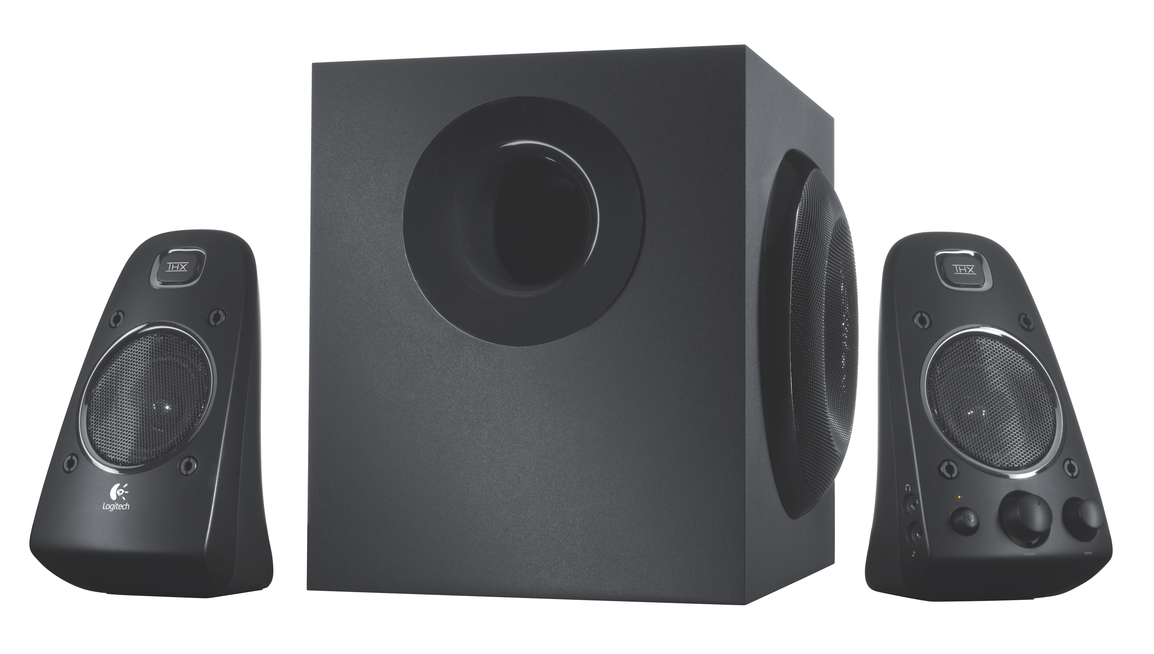 Enceintes Logitech noires avec un caisson de basses, deux enceintes satellites et des commandes.