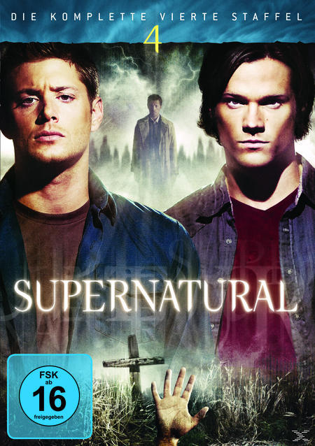 DVD-Cover mit zwei Männern aus der Fernsehserie Supernatural und Titeltext. Eine Figur ist im Hintergrund.