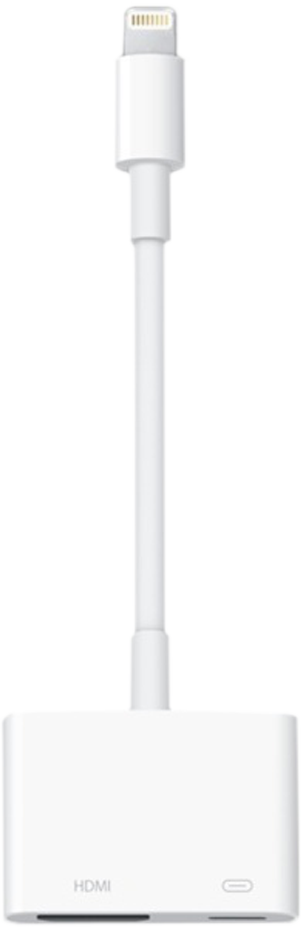 Fehér HDMI-Lightning adapter kábel. Az adapteren van HDMI port, Lightning port és töltő port.