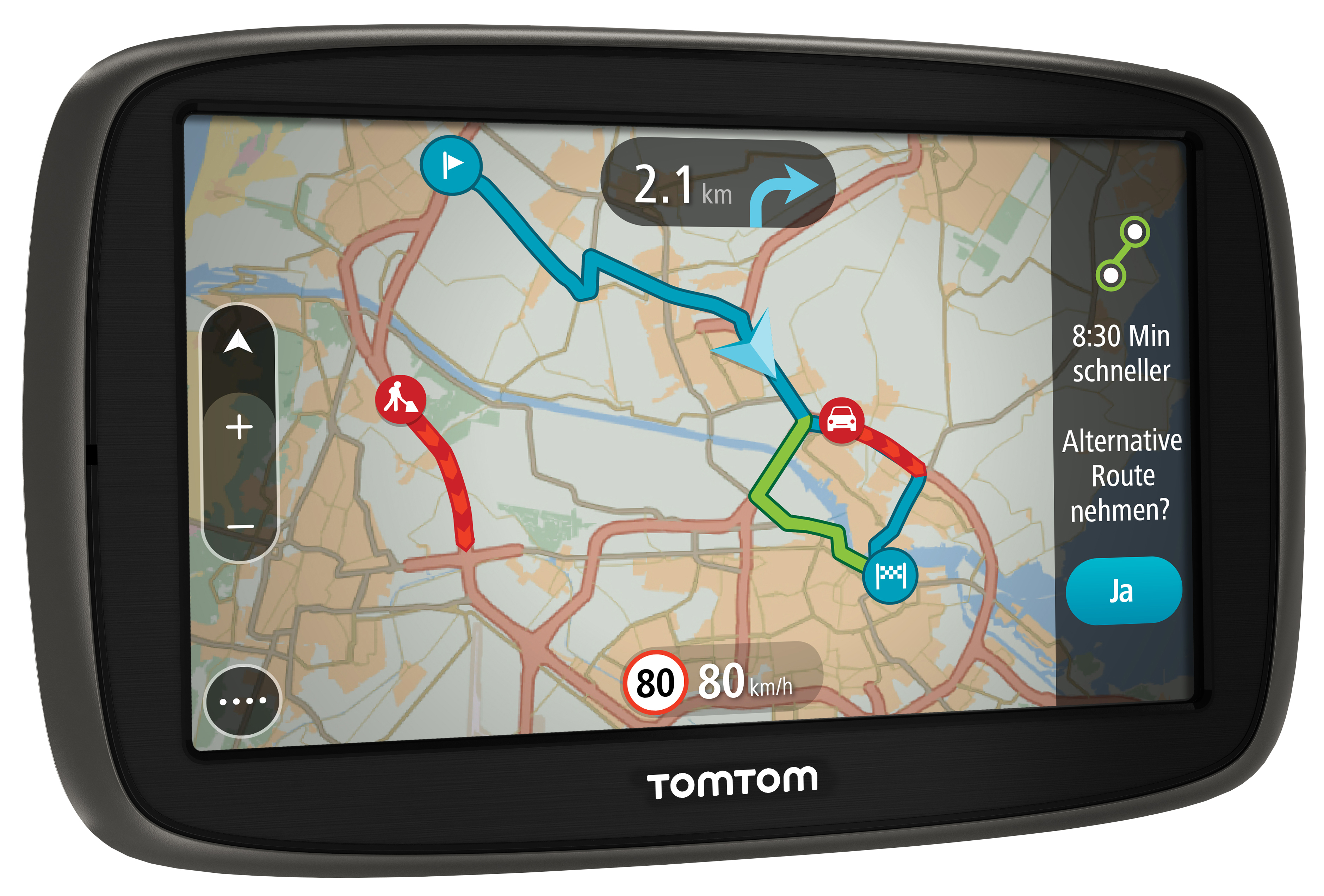 TomTom GPS mit Karte, die eine Route und eine Geschwindigkeitsbegrenzung von 80 km/h zeigt.