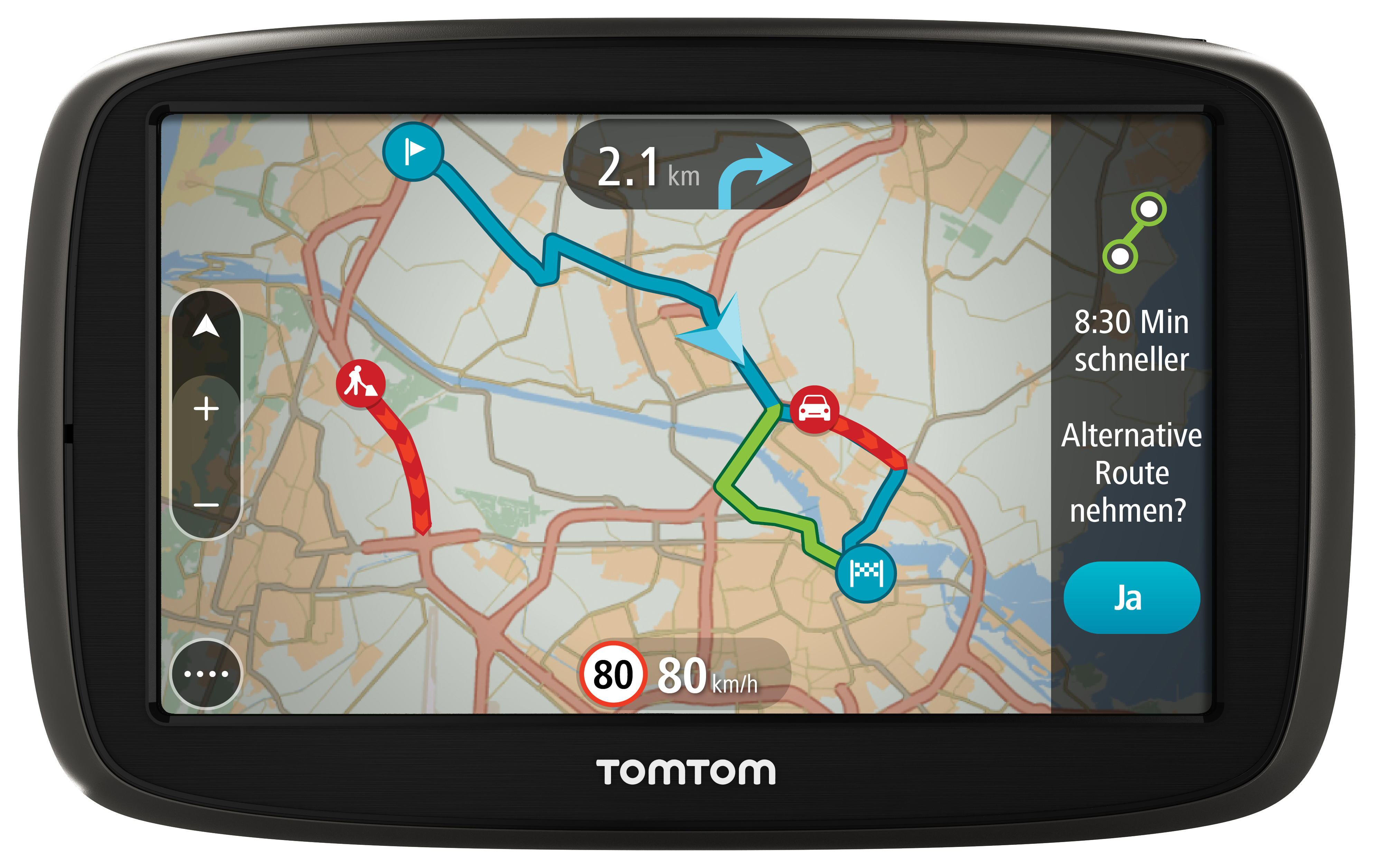 GPS-Navigationsgerät mit einer Karte, die eine Route anzeigt. Bietet eine alternative Routenoption.