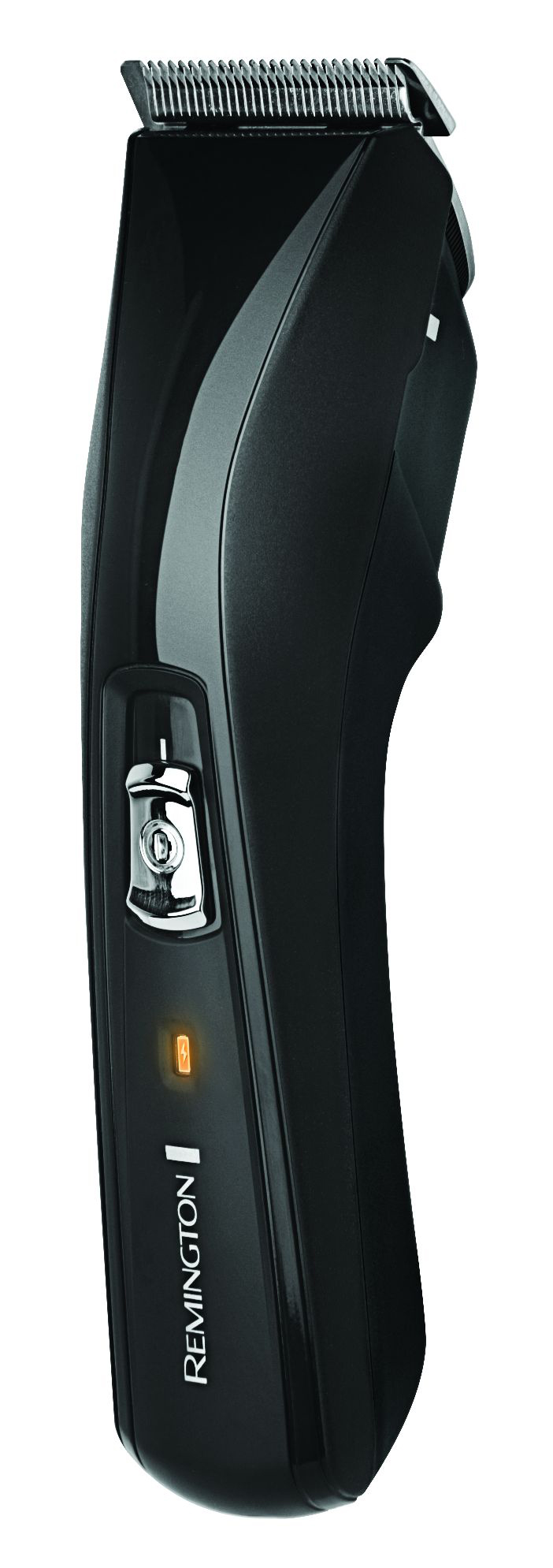 Tondeuse à cheveux Remington noire. La tondeuse a un bouton d'alimentation argenté et une lumière orange.