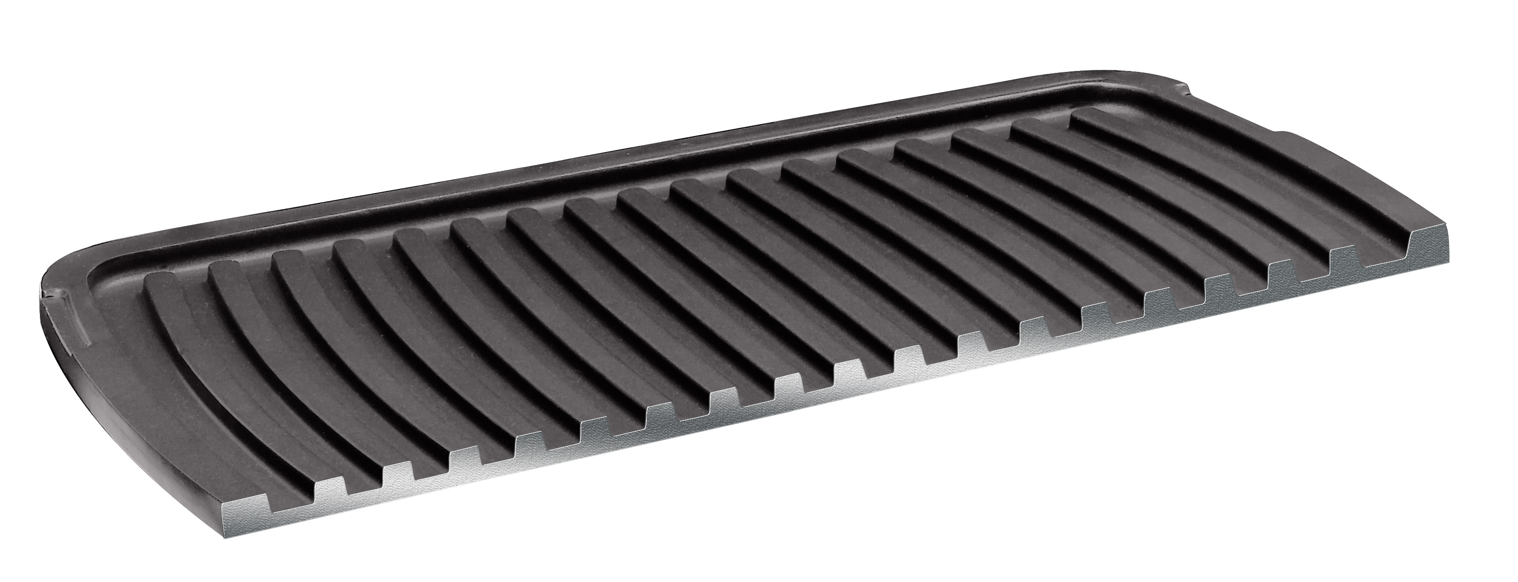 Une poêle à griller gris foncé avec une surface nervurée. Elle a une forme rectangulaire avec des extrémités incurvées et un bord argenté.