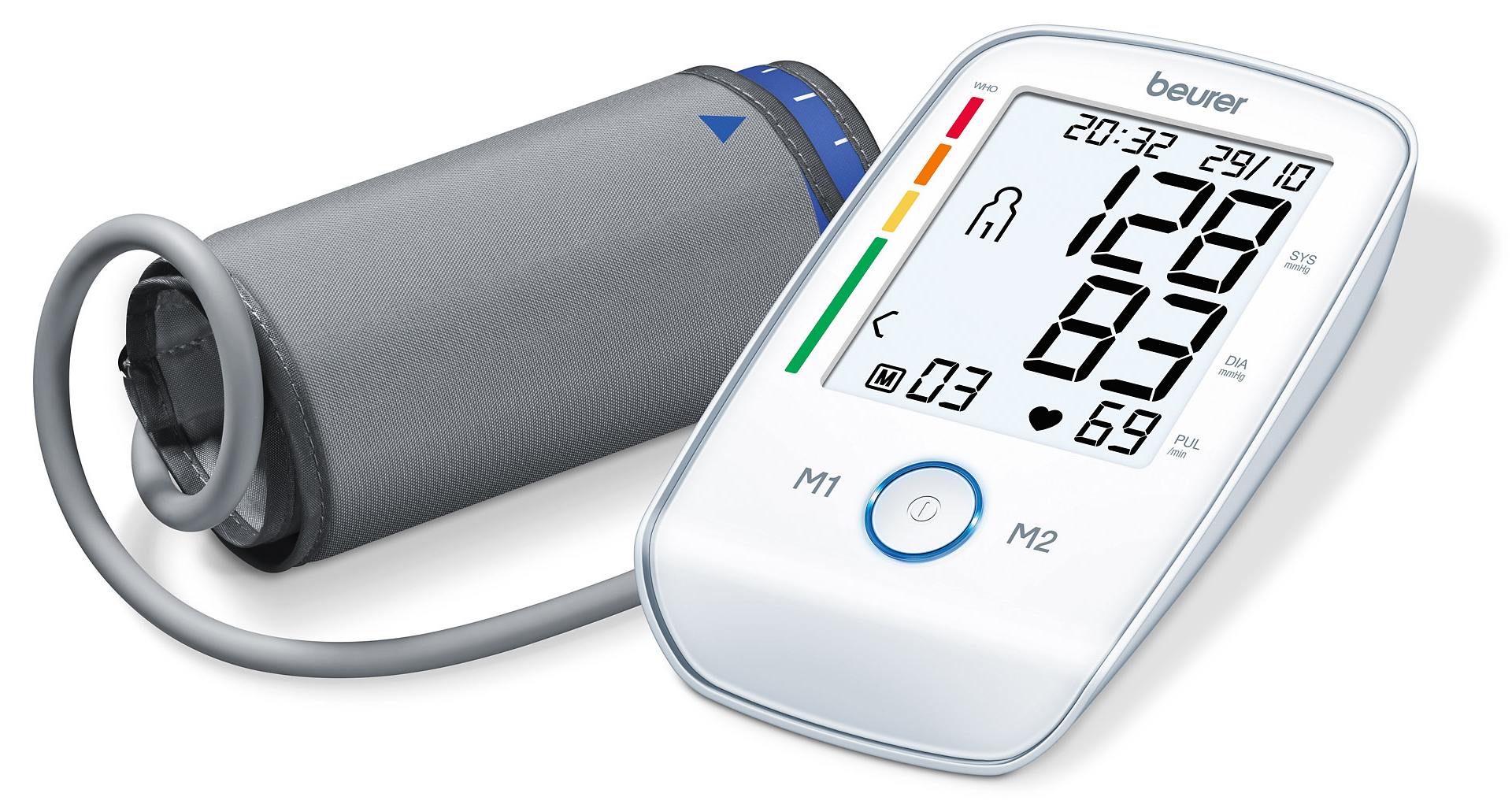 Blutdruckmessgerät mit Manschette und Digitalanzeige mit Messwerten.