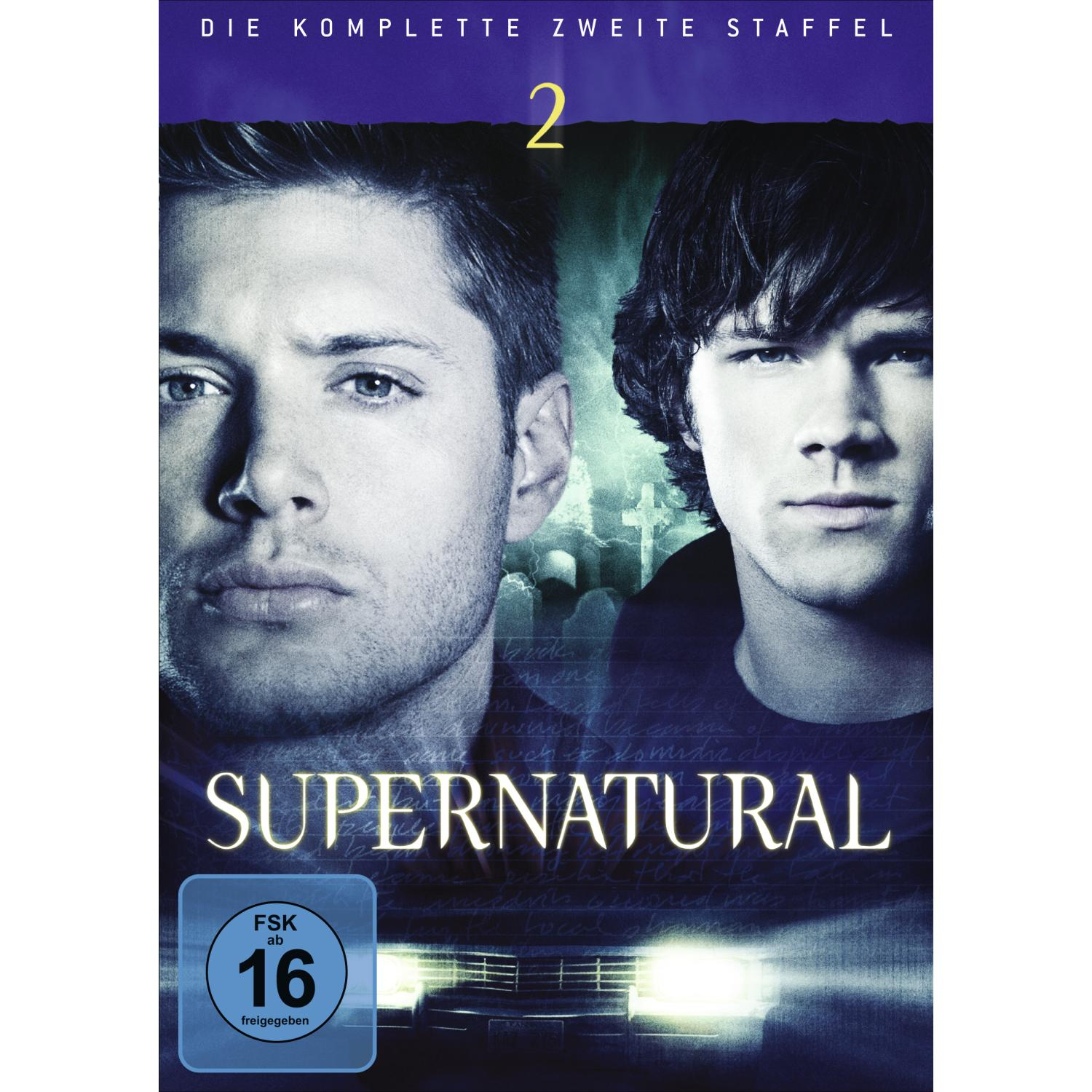 DVD-Cover: Supernatural, zwei Männer, dunkler Hintergrund, Titel. FSK 16 Logo.