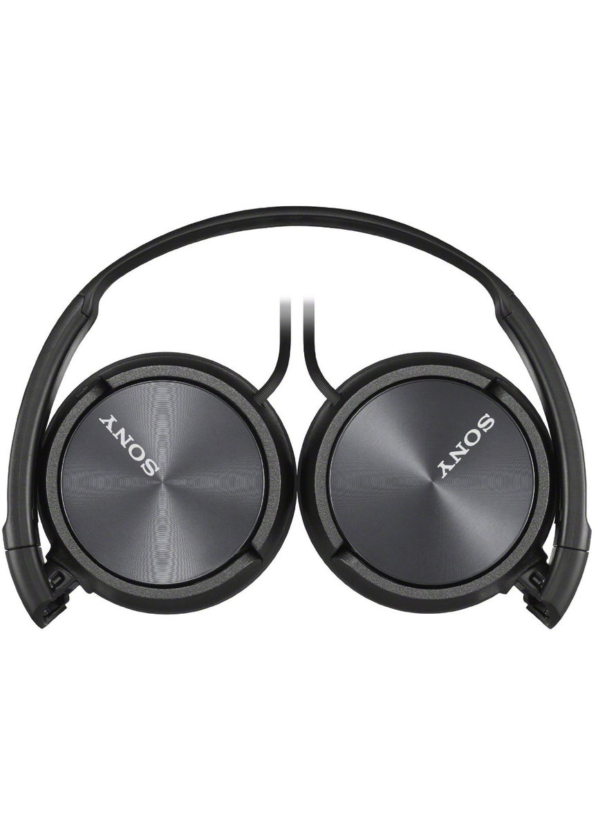 Black Sony headphones, folded in half, against a white background.