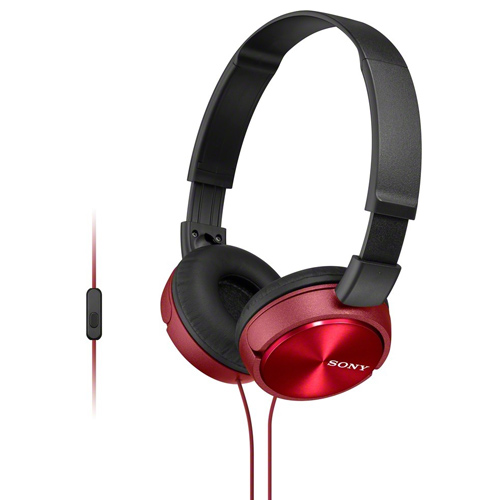 Rode Sony koptelefoon. Over-ear design met rode hoofdband en oorschelpen en een rode kabel.