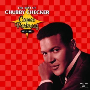Albumcover: Chubby Checker, Schwarzweißfoto, roter karierter Hintergrund.