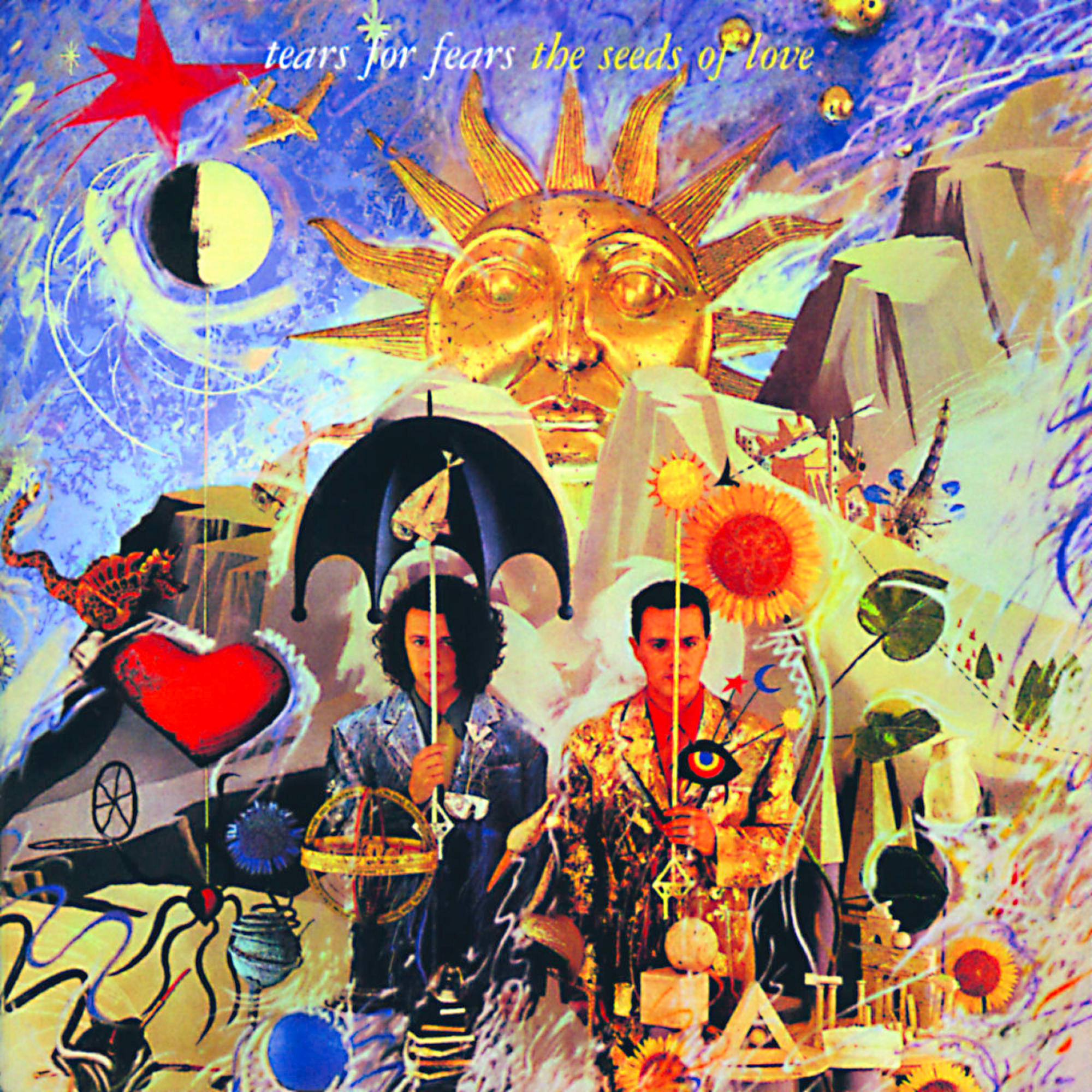 Albumcover mit zwei Männern, einer Sonne und verschiedenen surrealen Elementen. Text oben lautet 'tears for fears'.