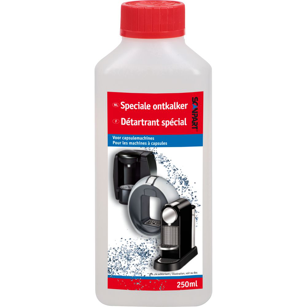 Witte fles met rode dop, in meerdere talen geëtiketteerd. Toont afbeeldingen van koffiemachines.