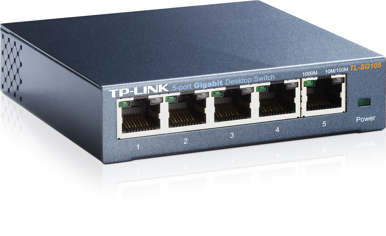 Un commutateur de bureau Gigabit 5 ports TP-Link noir, avec les ports numérotés 1-5.
