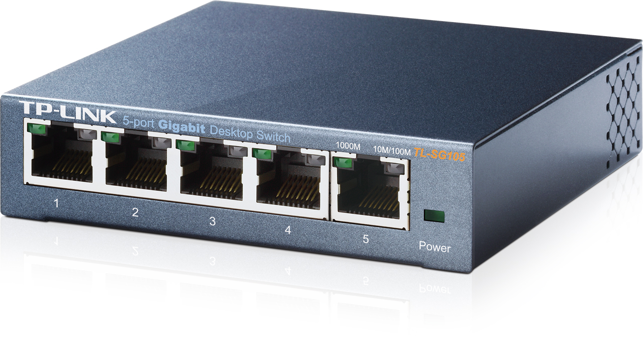 Commutateur de bureau Gigabit 5 ports TP-Link. Gris, avec cinq ports numérotés et un indicateur d'alimentation.