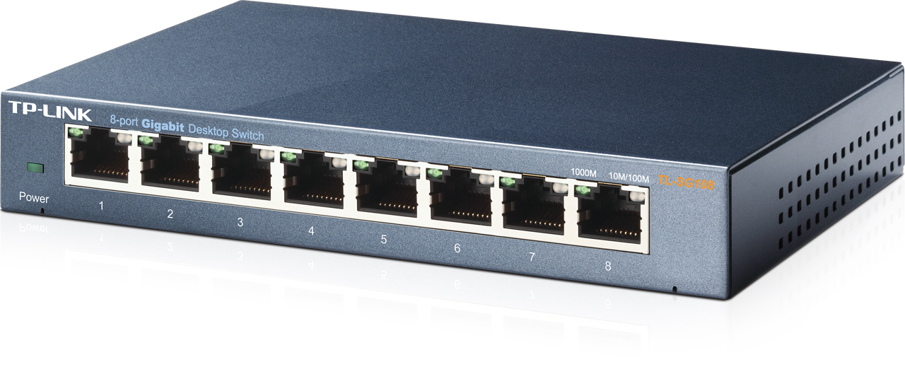 Switch de bureau Gigabit TP-Link 8 ports, vue de face. Montre 8 ports, indicateur d'alimentation.
