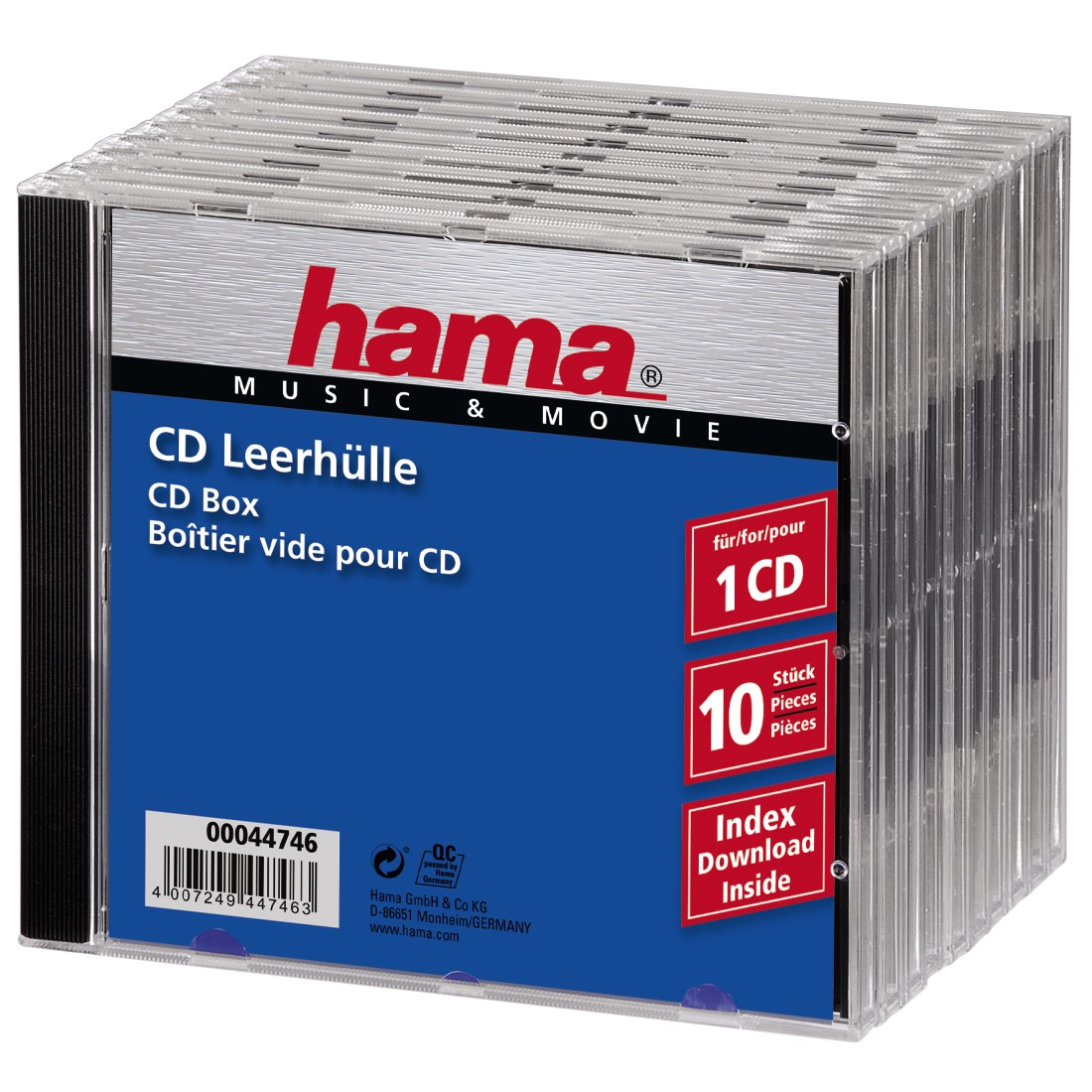 A stack of ten clear CD cases with a blue and silver label on the front.