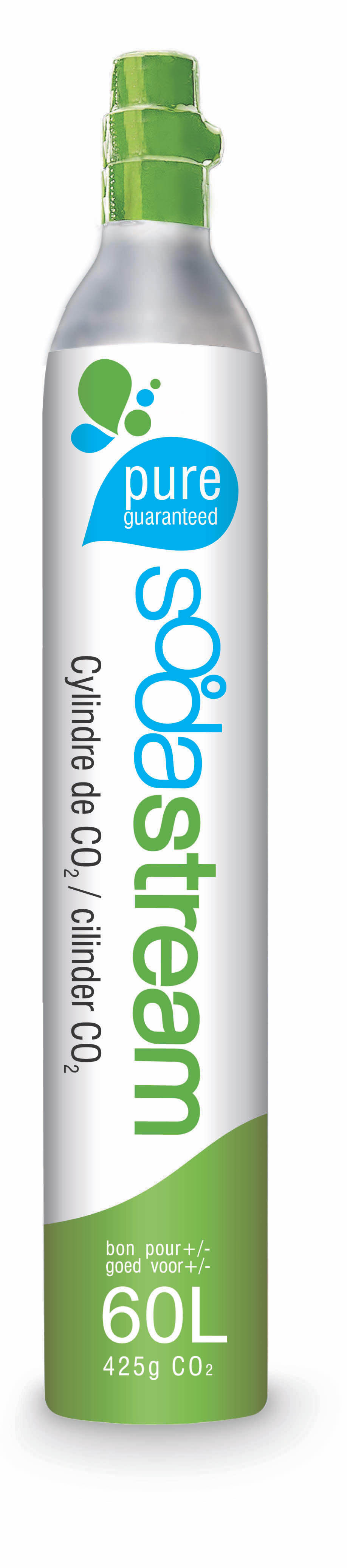 Cylindre de CO2 SodaStream. Cylindre argenté, avec base et sommet verts, et logo bleu.