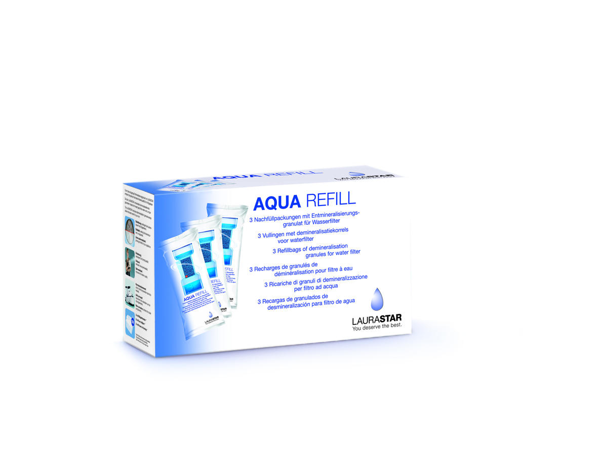 Box of water filter refills. Contains three refill packets and text in multiple languages.