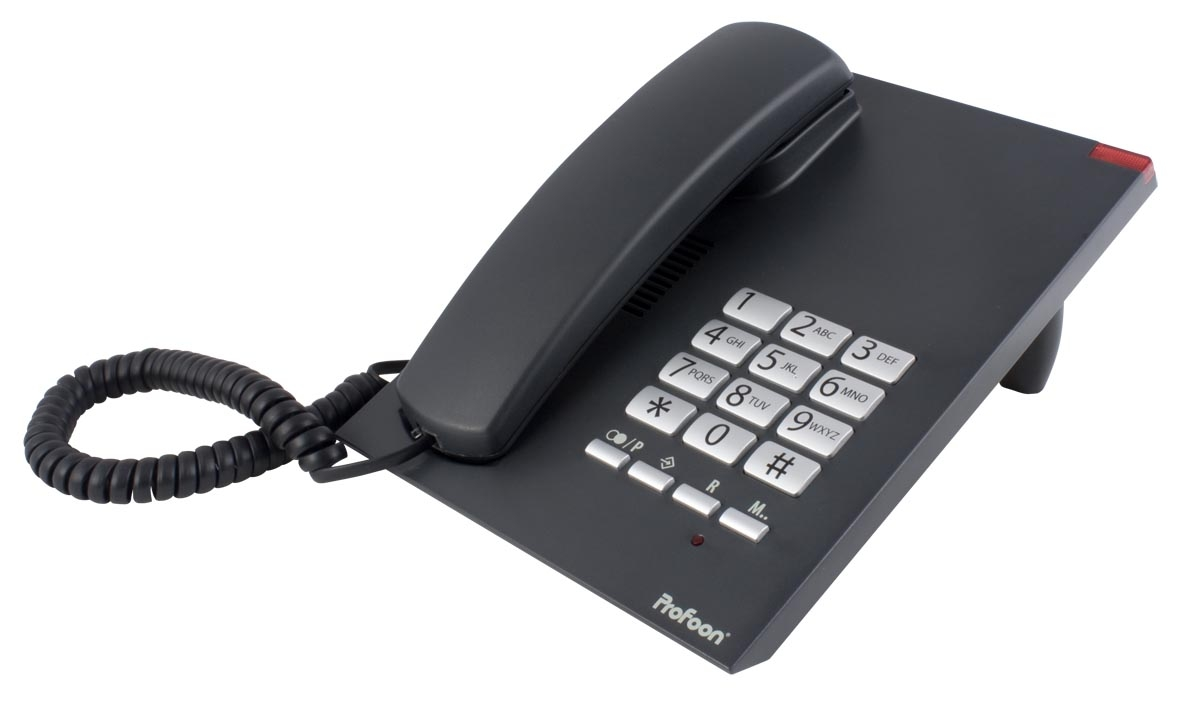 Gray landline phone. Features a dial pad, receiver, and base, with a black coiled cord.