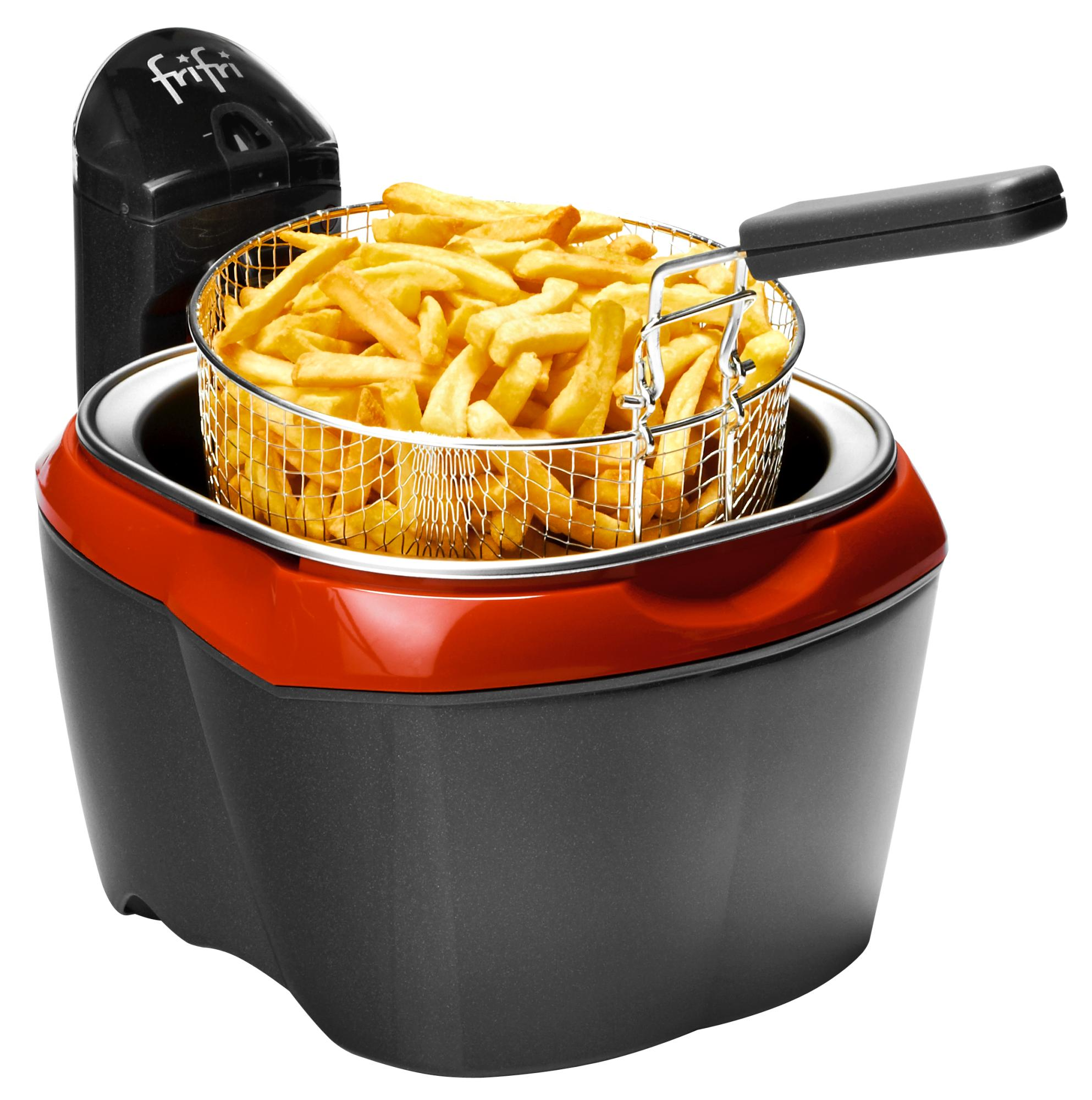 Une friteuse. Elle a un panier rempli de frites. La friteuse est noire et rouge.