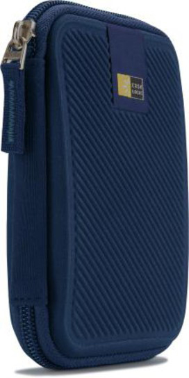 Étui Case Logic bleu marine, zippé, avec motif diagonal. Étiquette Case Logic.