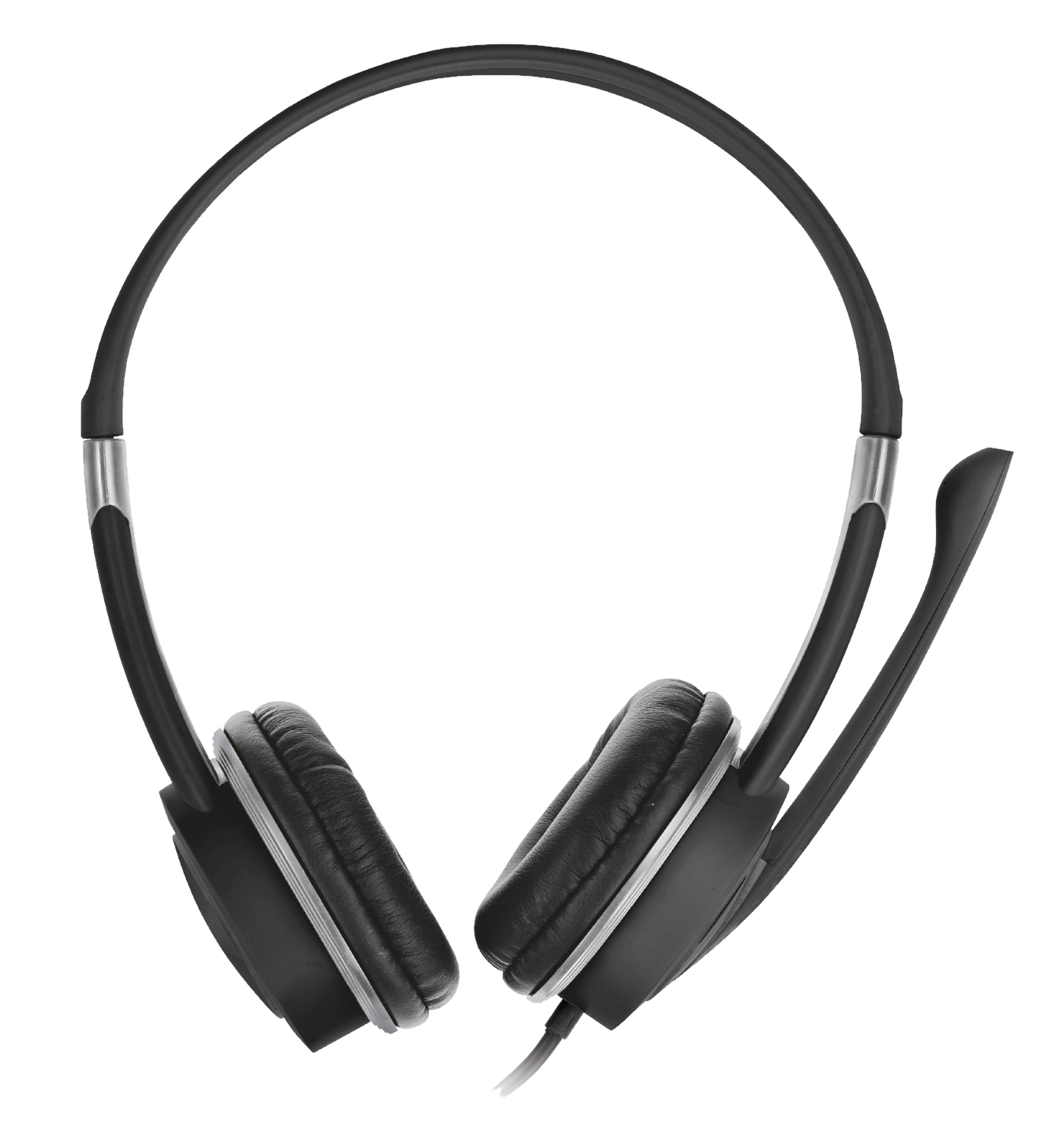 Fekete Trust headset, hajlékony mikrofonnal, fekete fülhallgatókkal és ezüst díszítéssel.