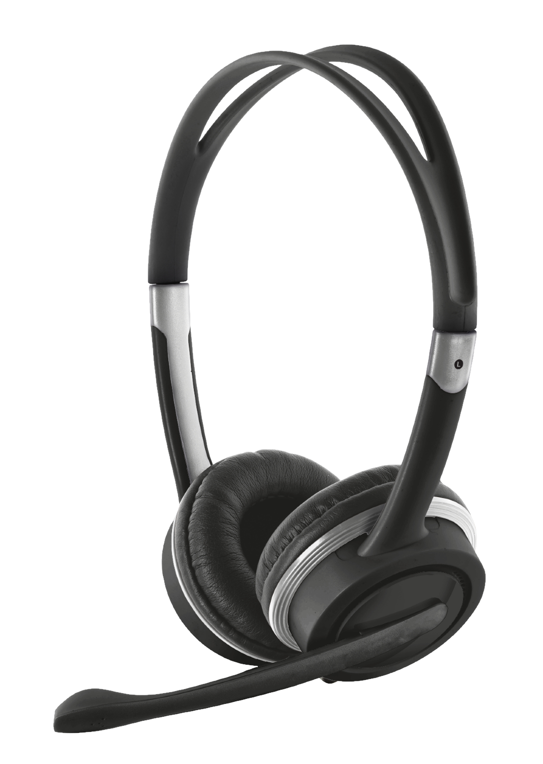 Fekete headset ezüst részletekkel, mikrofonnal, fekete háttéren.