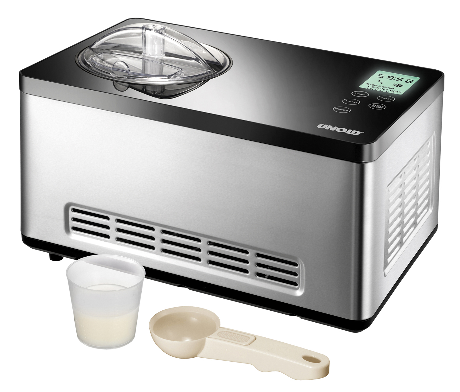 Eismaschine mit Messbecher und Löffel. Die Maschine ist silber und schwarz. Ein Digitaldisplay ist sichtbar.
