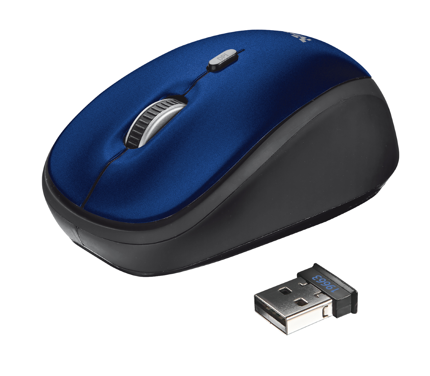 Kék és fekete számítógépes egér USB vevővel.